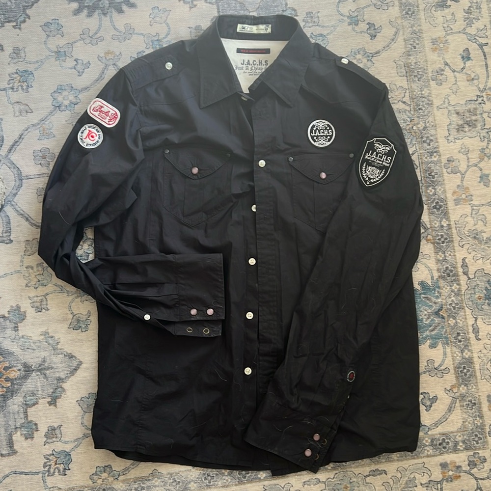 EUC JACHS Men's XL Black Button Down with Patches